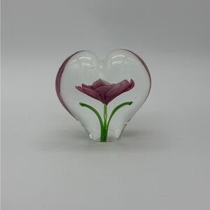 Celebrations Royal Pink Flower Heart Shape Crystal Glass Paperweight 4” X 4”